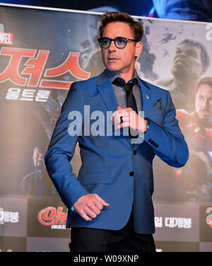 Actor Robert Downey Jr. attends a press conference for the film 'Avengers: Age of Ultron' in Seoul, South Korea on April 17, 2015.     Photo by Keizo Mori/UPI Stock Photo