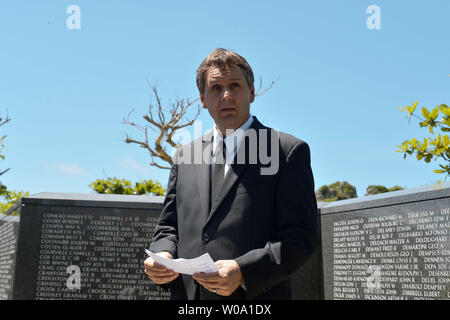 US Consul General, Naha, Joel Ehrendreich speaks for Member of Marines in front of the monument 'Cornerstone of Peace' of Battle of Okinawa at the Peace memorial park in Itoman, Okinawa, Japan on June 23, 2016.     Photo by Keizo Mori/UPI Stock Photo