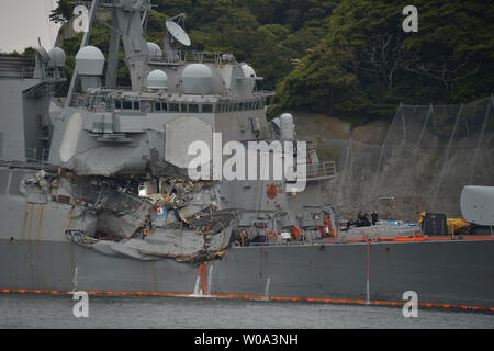 The damaged part of the USS Fitzgerald is seen at the Fleet Activities Yokosuka in Kanagawa-Prefecture, Japan, on June 18, 2017. The bodies of seven U.S. sailors missing after the Navy destroyer collided with a Philippine-flagged merchant ship, the ACX Crystal, at around 2:30 a.m. Saturday, were found in flooded berthing compartments, a defense official said.     Photo by Keizo Mori/UPI Stock Photo