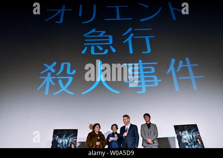 (L-R) Actors Momiji Yamamura, Kenneth Branagh and Masao Kusakari attend the Japan premier for the film 'Murder on the Orient Express' in Tokyo, Japan on December 5, 2017.     Photo by Keizo Mori/UPI Stock Photo