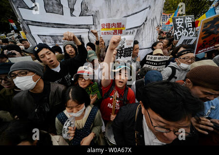 Participants shout slogans during a protest for rally against Abe cabinet in front of the National Diet, in Tokyo Japan on April 26, 2018.     Photo by Keizo Mori/UPI Stock Photo