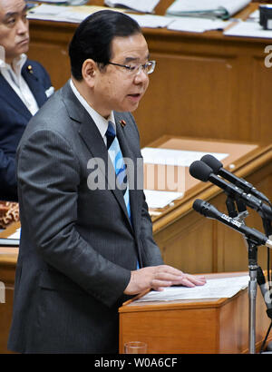 Kazuo Shii, leader of the opposition Japanese Communist Party asks Japan's Prime Minister Shinzo Abe questions during the debates with party leader at the Diet in Tokyo, Japan, on May 30, 2018.     Photo by Keizo Mori/UPI Stock Photo