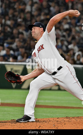 Brian Johnson, pitcher of the Boston Red Sox, throws in the fourth inning against the MLB all stars of the 'Japan All-Star Series 2018' at Tokyo Dome in Tokyo, Japan on November 10, 2018.     Photo by Keizo Mori/UPI Stock Photo