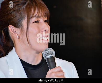 Japanese three-time Olympic wrestling gold medalist Saori Yoshida speaks during the press conference for her retirement in Tokyo, Japan on January 10, 2019.     Photo by Keizo Mori/UPI Stock Photo