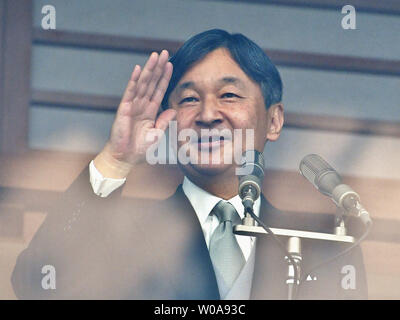 Japan's new Emperor Naruhito waves to well-wishers during their first public greeting at the East Plaza, Imperial Palace in Tokyo, Japan on May 4, 2019.     Photo by Keizo Mori/UPI Stock Photo