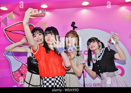 (L-R)Member of Japanese girl group AKB48, Nanami Asai, Eri Chiba, Chiyori Nakanishi and Minami Sato take a selfie  during the "KCON 2019 Japan" in Chiba-Prefecture, Japan on May 18, 2019. KCON is event of all Korean cultural content in which K-POP, K-Beauty, K-Fashion, K-Food, K-Drama, etc., Starting from Irvine, the United States in 2012, for the past 6 years, KCON was held in New York, LA, Tokyo, Abu Dhabi, Paris, Mexico City, Sydney.     Photo by Keizo Mori/UPI Stock Photo
