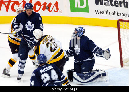 Toronto Maple Leafs' Tie Domi and Chad Kilger celebrate after Domi's shot  beats Boston Bruins goalie Andrew Raycroft for the Leafs first goal in the  first period at the Air Canada Center