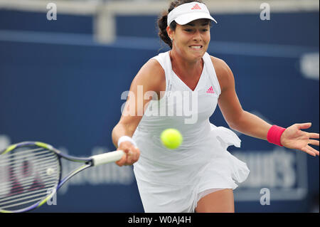 Serbia's Ana Ivanovic hits a forehand return against Magdalena Rybarikova during the second day of Rogers Cup singles action at the Rexall Center in Toronto, Canada on August 18, 2009. The 11th-seeded Ivanovic  went on to defeat Rybarikova 2-6, 6-3, 6-2.    UPI /Christine Chew Stock Photo