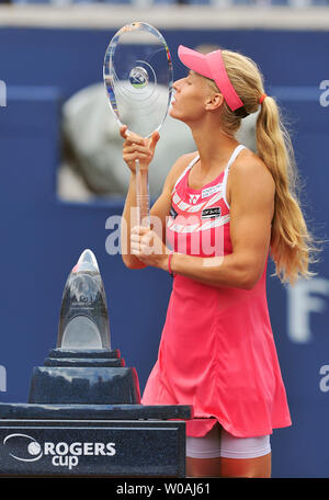 Elena Dementieva kisses her trophy after defeating Maria Sharapova 6-4, 6-3 in the singles final to win the Rogers Cup at the Rexall Center in Toronto, Canada on August 23, 2009.   UPI /Christine Chew Stock Photo