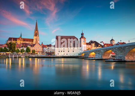 Regensburg, Germany. Cityscape image of Regensburg, Germany during twilight blue hour. Stock Photo