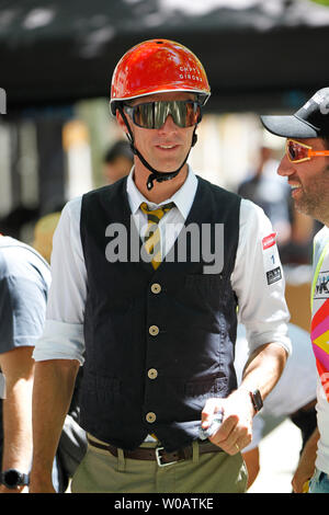 Pro British cyclist David Millar taking part in 2019 Spanish edition of Brompton World Championship held at Sea Otter Bike festival in Girona, Spain Stock Photo