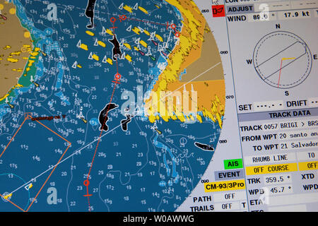 salvador bahia, brazil - 2014.02.14: screen of electronic chart display information system (edis) on the bridge of containership msc alessia ( imo# 92 Stock Photo