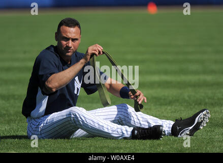 New York Yankees' shortstop Derek Jeter stretches during spring training at George M. Steinbrenner Field in Tampa, Florida on February 18, 2009. (UPI Photo/Kevin Dietsch) Stock Photo