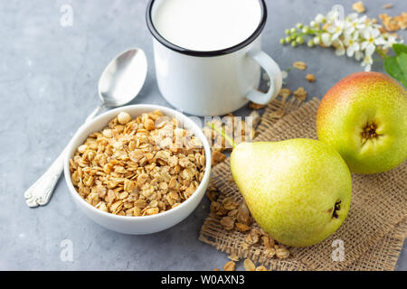 Corn choco flakes cereal in tray with milk and pear slices isolated on  black gray background, a delicious and healthy dietary breakfast. Top View  Stock Photo - Alamy