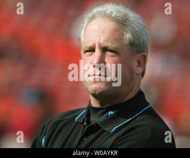 Carolina Panthers Head Coach John Fox watches the Panthers warm up to play the San Francisco 49ers at Monster Park in San Francisco on November 14, 2004.   (UPI Photo/Terry Schmitt) Stock Photo