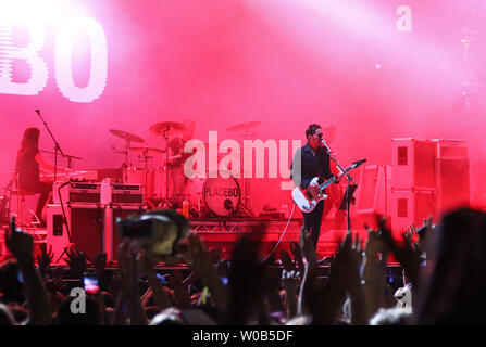 Kyiv, Ukraine - July 8, 2018: Placebo, a British alternative rock band and Brian Molko, lead singer and frontman performs live at the Atlas Weekend Mu Stock Photo