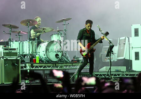 Kyiv, Ukraine - July 8, 2018: Placebo, a British alternative rock band and Brian Molko, lead singer and frontman performs live at the Atlas Weekend Mu Stock Photo