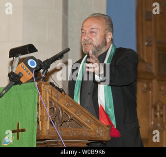 Controversial British former MP and Author George Galloway speaks at St. Andrews Wesley Church in downtown Vancouver, British Columbia giving his  'Free Palestine, Free Afghanistan, Free Speech' talk to an audience of over nine hundred during his Cross Canada speaking tour on November 22, 2010. A federal court judge overturned a ruling allowing Galloway into Canada after federal Immigration Minister Jason Kenney banned Galloway from entering Canada last year alleging Galloway supported terrorism after he turned over a humanitarian aid convoy to the Hamas government in Gaza.  UPI/Heinz Ruckeman Stock Photo