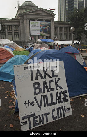 The 'Occupy Vancouver' tent city grows in size during it's two week existence at the Vancouver Art Gallery in downtown Vancouver, British Columbia, October 29, 2011, two days before Halloween.   UPI/Heinz Ruckemann Stock Photo