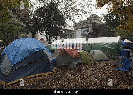 The 'Occupy Vancouver' tent city grows in size during it's two week existence at the Vancouver Art Gallery in downtown Vancouver, British Columbia, October 29, 2011, two days before Halloween.   UPI/Heinz Ruckemann Stock Photo