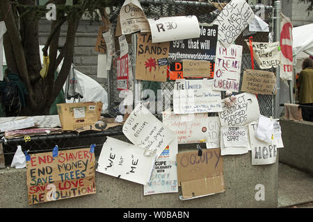 The 'Occupy Vancouver' tent city grows in size during it's two week existence at the Vancouver Art Gallery in downtown Vancouver, British Columbia, October 29, 2011, two days before Halloween.   UPI/Heinz Ruckemann Stock Photo