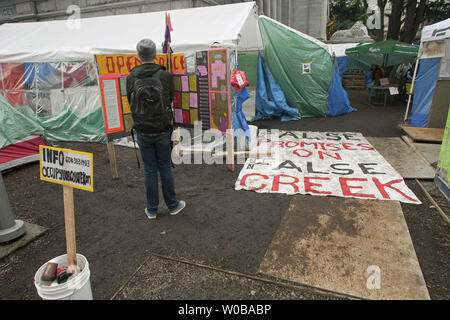 The 'Occupy Vancouver' tent city grows in size during it's two week existence at the Vancouver Art Gallery in downtown Vancouver, British Columbia, October 29, 2011, two days before Halloween.   UPI/Heinz Ruckemann Stock Photo