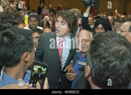 Liberal Member of Parliament Justin Trudeau greets supporters after speaking during his second campaign stop for the leadership of his party in Richmond near Vancouver, British Columbia on October 3, 2012. Justin Trudeau announced he was running for the leadership of the federal Liberal Party yesterday.  UPI Photo /Heinz Ruckemann Stock Photo