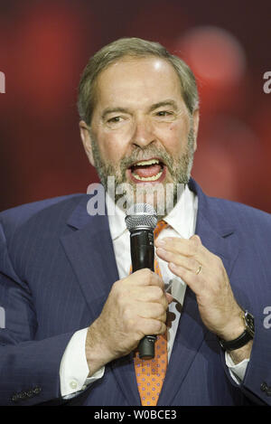 NDP leader Thomas Mulcair speaks to several thousand supporters during a rally late in the summer/fall federal election campaign in Vancouver, British Columbia, October 17, 2015. Voters go to the polls on October 19, 2015. UPI/Heinz Ruckemann Stock Photo