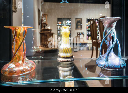 Wiesbaden, Germany. 27th June, 2019. There are three Art Nouveau vases in the showcase. The Hessisches Landesmuseum für Kunst und Natur receives the Art Nouveau collection from F.W. Neess as a gift. According to the museum, the donation has a value of over 40 million euros and comprises a total of around 700 exhibits from the 500 on display. Credit: Andreas Arnold/dpa/Alamy Live News Stock Photo