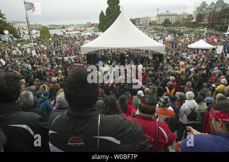 First Nations join thousands of citizens on the front lawns of the British Columbia (BC) Legislature in downtown Victoria, BC, October 22, 2012 to protest against the building of Enbridge Northern Gateway oil pipeline.  UPI/Heinz Ruckemann Stock Photo