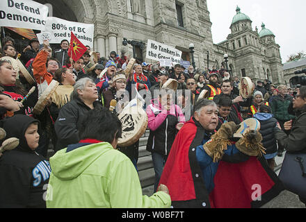 First Nations join thousands of citizens on the front lawns of the British Columbia (BC) Legislature in downtown Victoria, BC, October 22, 2012 to protest against the building of Enbridge Northern Gateway oil pipeline.  UPI/Heinz Ruckemann Stock Photo