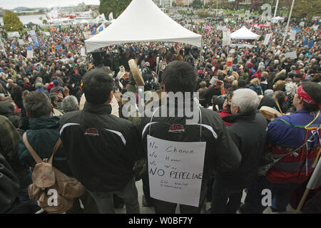 First Nations join thousands of citizens on the front lawns of the British Columbia (BC) Legislature in downtown Victoria, BC, October 22, 2012 to protest against the building of Enbridge Northern Gateway oil pipeline.  UPI/Heinz Ruckemann Stock Photo