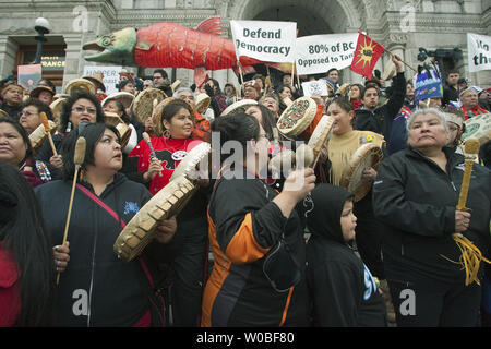 First Nations join thousands of citizens on the front lawns of the British Columbia (BC) Legislature in downtown Victoria, BC, October 22, 2012 to protest against the building of Enbridge Northern Gateway oil pipeline.  UPI/Heinz Ruckemann Stock Photo