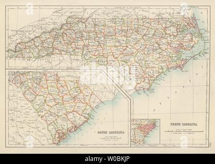 North and South Carolina state maps showing counties. BARTHOLOMEW 1898 old Stock Photo