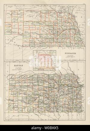 Nebraska and Kansas state maps showing counties. BARTHOLOMEW 1898 old Stock Photo