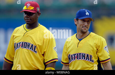 The Los Angeles Dodgers warm-up before workouts at Citizens Bank