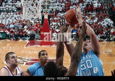 North Carolina Tar Heels forward Tyler Hansbrough (50) puts in two of his team high 22 points in the first half against Maryland Terrapins forward Bambale Osby (50) on February 25,  2007 at the Comcast Center in upset the 5th ranked North Carolina Tar Heels 89-87.  (UPI Photo/Mark Goldman) Stock Photo