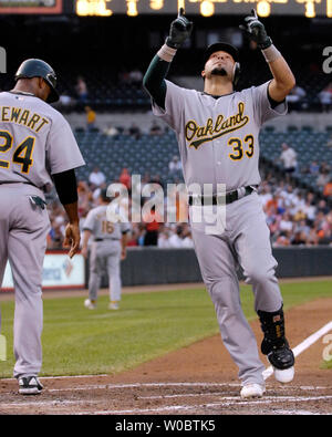 Oakland Athletics Nick Swisher gets his haircut by his dad Steve before the  Athletics game against the San Francisco Giants at McAfee Coliseum on  Saturday May 19, 2007. Swisher cut his hair