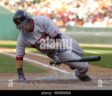 Boston Red Sox second baseman Dustin Pedroia hits an RBI single scoring  catcher Jason Varitek against Orioles pitcher Paul Shuey with the bases  loaded in the eighth inning at Camden Yards in