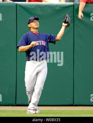 Boston Red Sox pitcher Daisuke Matsuzaka (18) catches a fly ball during batting practice prior to the game against the Baltimore Orioles at Orioles Park at Camden Yards in Baltimore on September 6, 2007.  (UPI Photo/Mark Goldman) Stock Photo