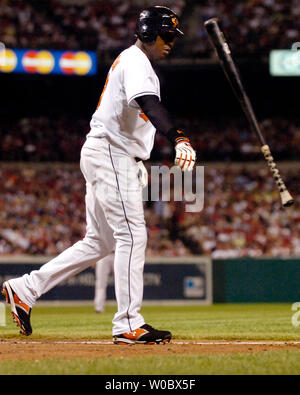 Baltimore Orioles center fielder Tike Redman tosses his bat after walking in the third inning against Boston Red Sox pitcher Daisuke Matsuzaka at Orioles Park at Camden Yards in Baltimore on September 8, 2007.  Matsuzaka gave up three walks in the inning.  (UPI Photo/Mark Goldman) Stock Photo