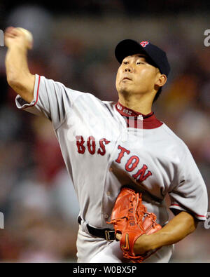 Boston Red Sox pitcher Daisuke Matsuzaka pitches in the first inning against the Baltimore Orioles at Orioles Park at Camden Yards in Baltimore on September 8, 2007.  Matsuzaka left the game after giving up 8 earned runs in 2 2/3 innings of work.  (UPI Photo/Mark Goldman) Stock Photo