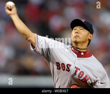 Boston Red Sox pitcher Daisuke Matsuzaka pitches in the first inning against the Baltimore Orioles at Orioles Park at Camden Yards in Baltimore on September 8, 2007.  Matsuzaka left the game after giving up 8 earned runs in 2 2/3 innings of work.  (UPI Photo/Mark Goldman) Stock Photo