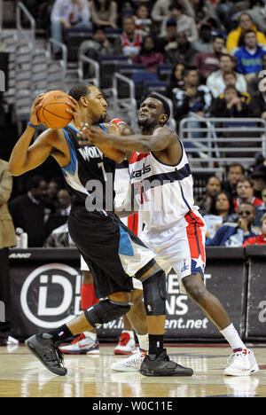 Minnesota Timberwolves forward Derrick Williams (7) in the 2nd quarter against Washington Wizards small forward Chris Singleton (31) at Verizon Center in Washington, D.C. on January 8,  2012.  UPI / Mark Goldman Stock Photo