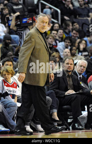 Minnesota Timberwolves head coach Rick Adelman reacts to a foul call in the 2nd quarter in the game against the Washington Wizards at Verizon Center in Washington, D.C. on January 8,  2012.  UPI / Mark Goldman Stock Photo