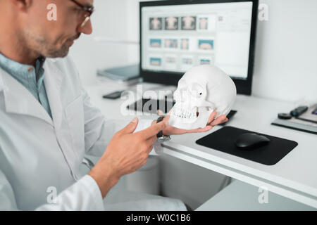 Close up of plastic surgeon holding model of scalp Stock Photo