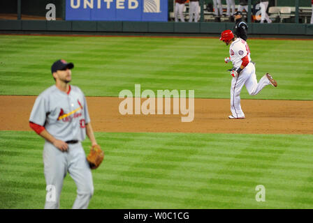 Washington Nationals left fielder Michael Morse (38) rounds the bases after hitting a 2-run home run against St. Louis Cardinals starting pitcher Adam Wainwright (50) in the 3rd inning at Nationals Park in Washington, D.C. on October 12, 2012 in the fifth and deciding game of their National League Division Series.  UPI/Mark Goldman Stock Photo