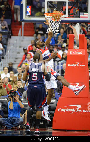 Washington Wizards small forward Chris Singleton (31) scores against Atlanta Hawks small forward Josh Smith (5) in the first half at the Verizon Center in Washington, D.C. on December 18, 2012.   UPI/Mark Goldman Stock Photo