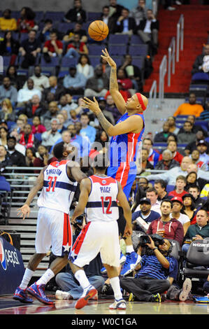 Detroit Pistons power forward Charlie Villanueva (31) scores against Washington Wizards small forward Chris Singleton (31) in the first half at the Verizon Center in Washington, D.C. on February 27, 2013.   UPI/Mark Goldman Stock Photo