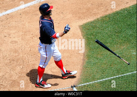 Washington Nationals Bryce Harper tosses his bat in frustration after  striking out against Los Angeles Dodgers starter Clayton Kershaw in the  first inning of game at Nationals Park in Washington, DC on